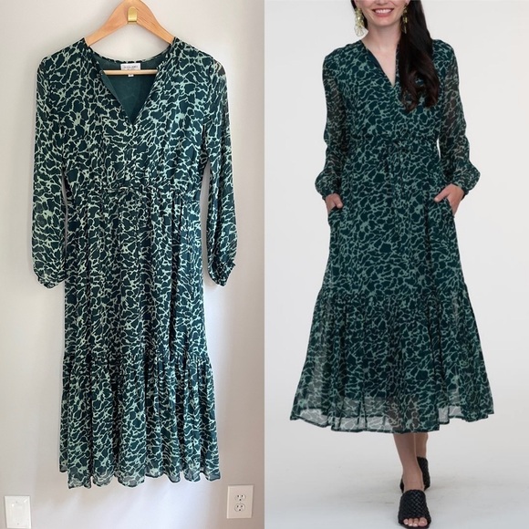 Olivia James Lydia Long Sleeve Ruffle Skirt Midi Dress in Geo Spot Lush Green - Picture 1 of 6